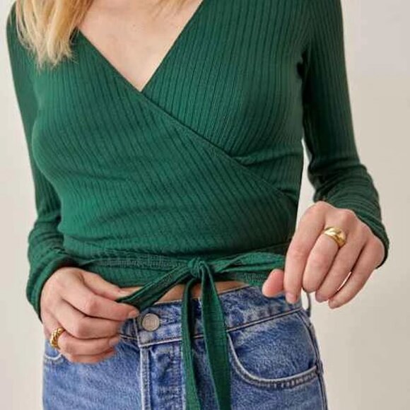 Reformation Petalo Wrap Top in Pine - Picture 3 of 5